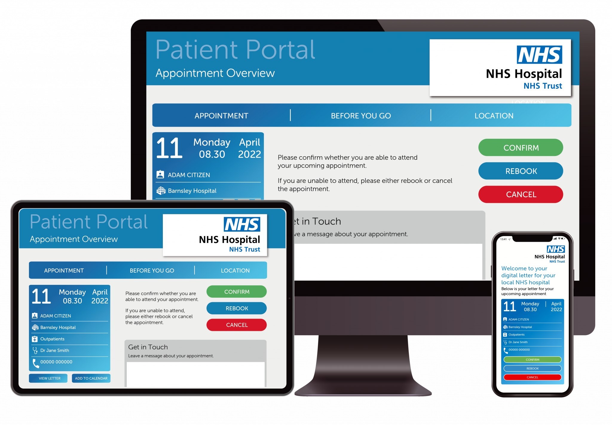Image shows the patient engament portal on a computer and mobile phone screens