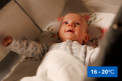 Photo of baby safely in bed with thermometer showing 16-20 degrees celcius