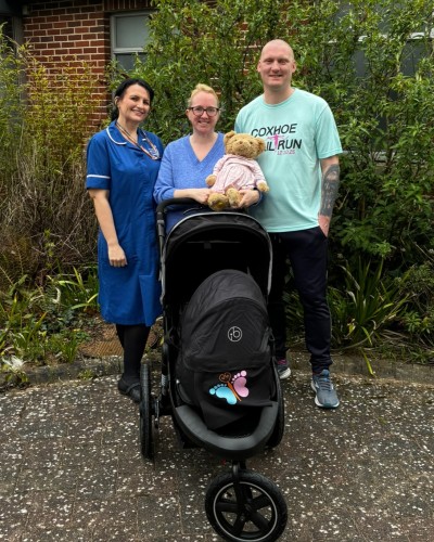 Kylie and Daniel Rushton-Orton with Specialist Bereavement midwife Jenna Goat at Darlington
