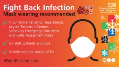 Image of a person wearing a face mask. Text says fight back infection mask wearing recommended in our two emergency departments urgent tratement centres, same day emergency care areas and frailty assessment areas for staff patients and visitors