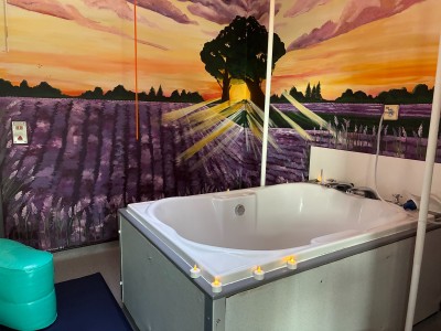 Birthing pool with a large colourful mural on the wall behind