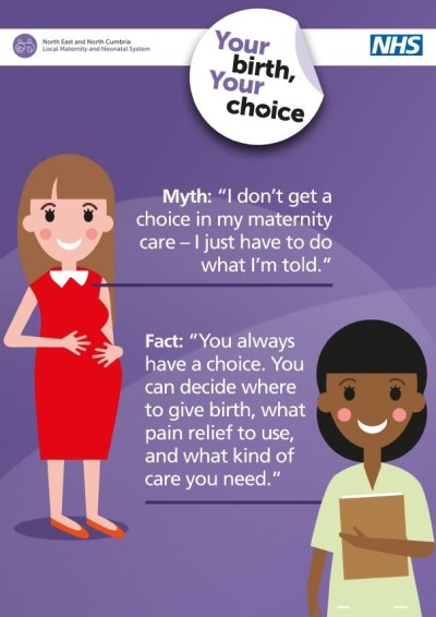 Your birth your choice - myth busting poster with mum and healthcare staff