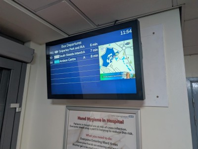 Digital screen showing bus times